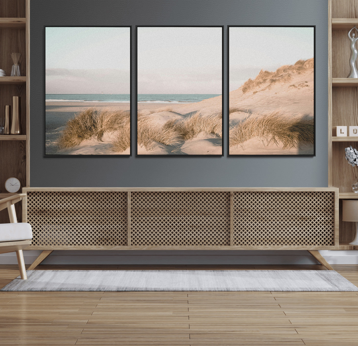 28064037-MGV-FC-60X30-3P_Black-Minimalist Seascape Wall Art Canvas Print, Framed Neutral Beach Print Art Picture Print, Sand Dune Photography Perfect