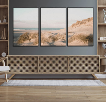 28064037-MGV-FC-60X30-3P_Black-Minimalist Seascape Wall Art Canvas Print, Framed Neutral Beach Print Art Picture Print, Sand Dune Photography Perfect
