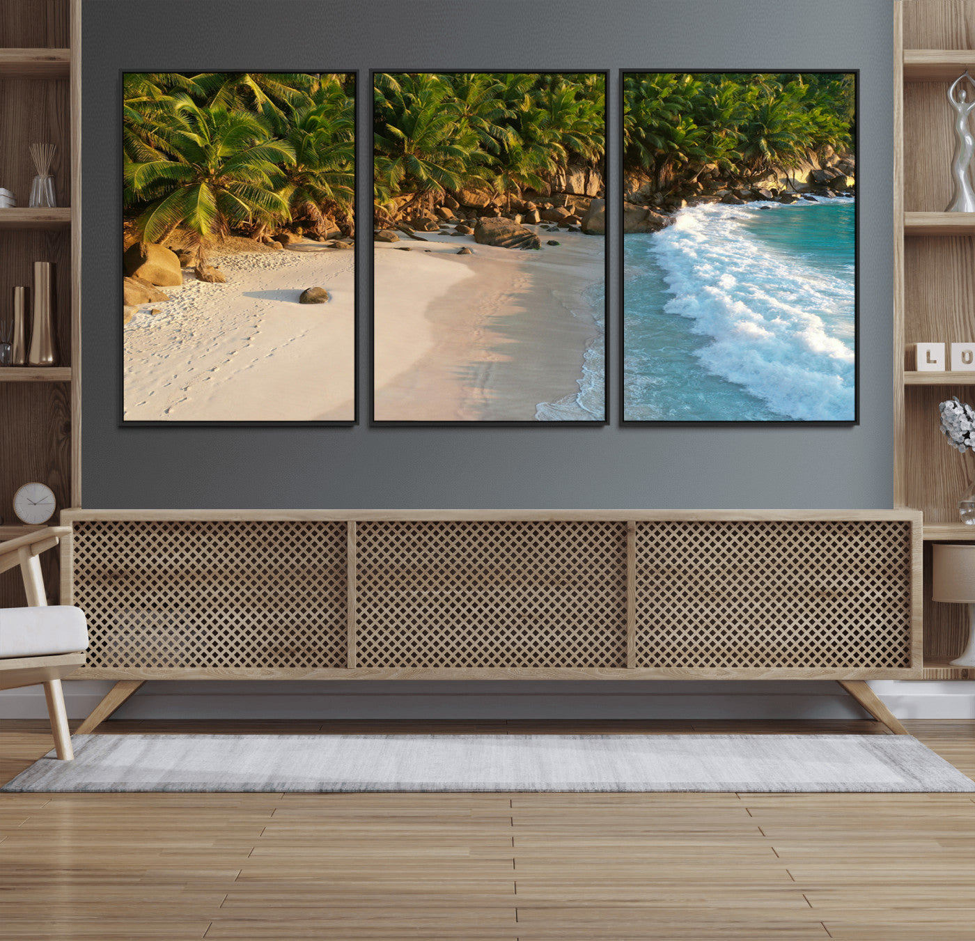 82312665-MGV-FC-60X30-3P_Black-Tropical Beach Wall Art Canvas Print, Framed Ocean Waves Art Picture Print, Palm Trees Perfect Coastal Minimalist Decor Artwork