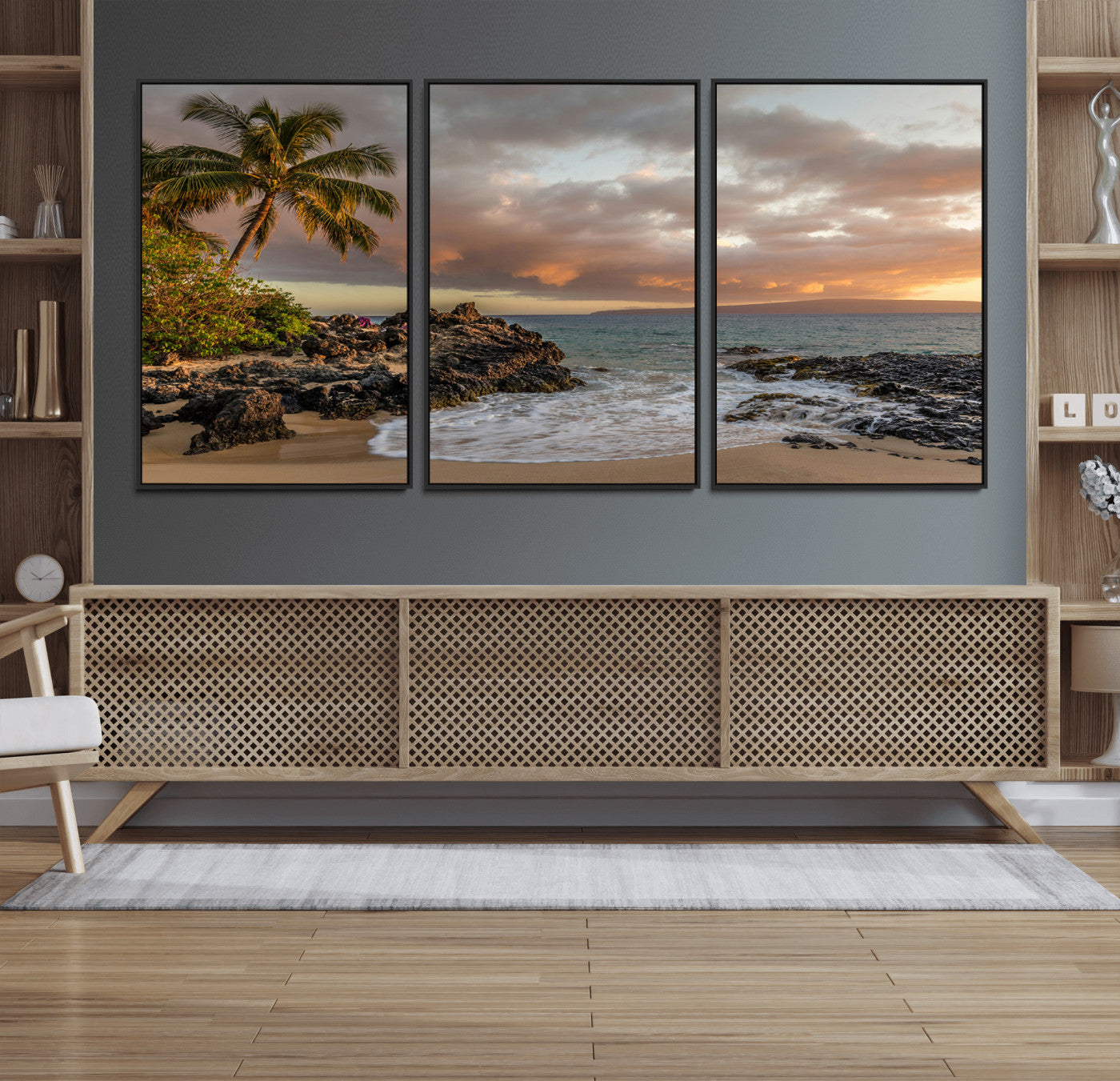 55108220-MGV-FC-60X30-3P_Black-Tropical Beach Wall Art Canvas Print, Framed Hawaiian Sunset Art Picture Print, Ocean Waves Perfect Coastal Tropical Decor Artwork