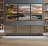 55108220-MGV-FC-60X30-3P_Black-Tropical Beach Wall Art Canvas Print, Framed Hawaiian Sunset Art Picture Print, Ocean Waves Perfect Coastal Tropical Decor Artwork