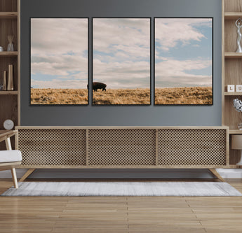 22754563-MGV-FC-60X30-3P_Black-Earthy Tones Wall Art Canvas Print, Framed Rustic Nature Art Picture Print, Solitary Buffalo Perfect Western Minimalist Decor