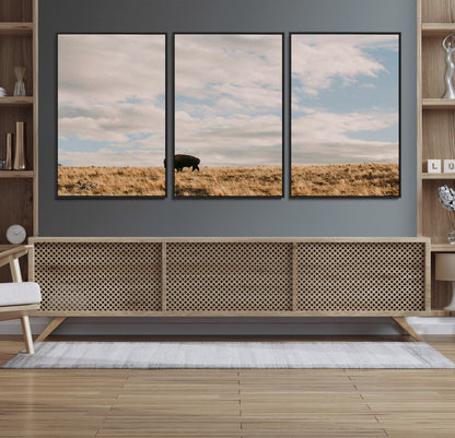 22754563-MGV-FC-60X30-3P_Black-Earthy Tones Wall Art Canvas Print, Framed Rustic Nature Art Picture Print, Solitary Buffalo Perfect Western Minimalist Decor