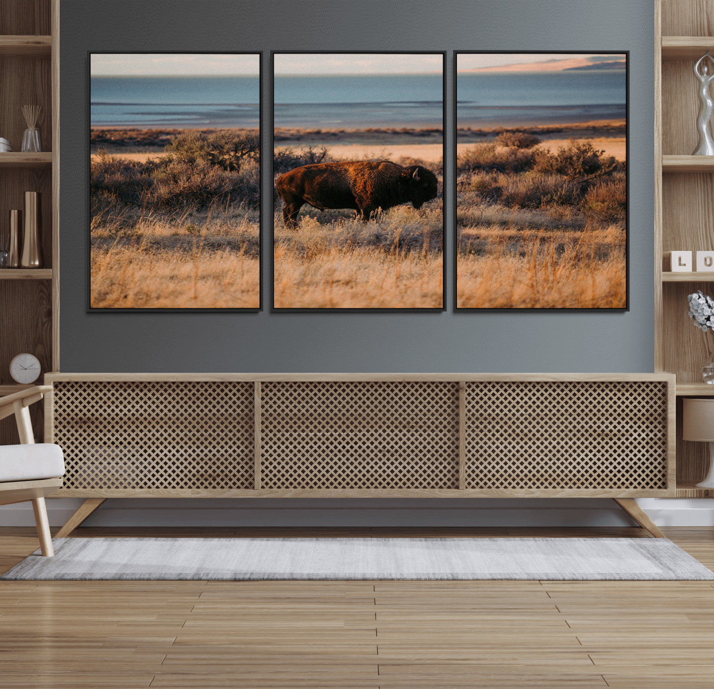 39509187-MGV-FC-60X30-3P_Black-Western Wildlife Wall Art Canvas Print, Framed Bison Art Picture Print, Golden Hour Perfect Western Rustic Decor Artwork