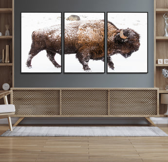 94261165-MGV-FC-60X30-3P_Black-Snowy Buffalo Wall Art Canvas Print, Framed Wildlife Photography Art Picture Print, Brown Tones Perfect Rustic Lodge Decor Decor