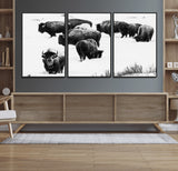 18914414-MGV-FC-60X30-3P_Black-Buffalo Herd Wall Art Canvas Print, Framed Black and White Art Picture Print, Snowy Landscape Perfect Rustic Lodge Decor Decor