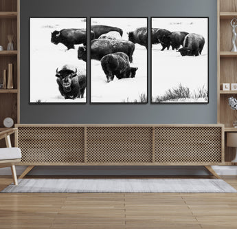 18914414-MGV-FC-60X30-3P_Black-Buffalo Herd Wall Art Canvas Print, Framed Black and White Art Picture Print, Snowy Landscape Perfect Rustic Lodge Decor Decor