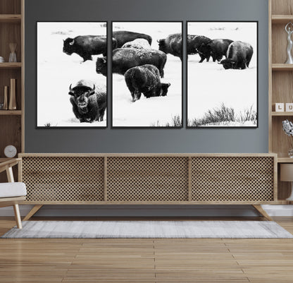 18914414-MGV-FC-60X30-3P_Black-Buffalo Herd Wall Art Canvas Print, Framed Black and White Art Picture Print, Snowy Landscape Perfect Rustic Lodge Decor Decor