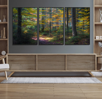 65810864-MGV-FC-60X30-3P_Black-Autumn Forest Wall Art Canvas Print, Framed Fall Woodland Art Picture Print, Golden Leaves Perfect Rustic Farmhouse Decor Artwork