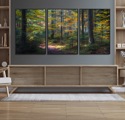 65810864-MGV-FC-60X30-3P_Black-Autumn Forest Wall Art Canvas Print, Framed Fall Woodland Art Picture Print, Golden Leaves Perfect Rustic Farmhouse Decor Artwork