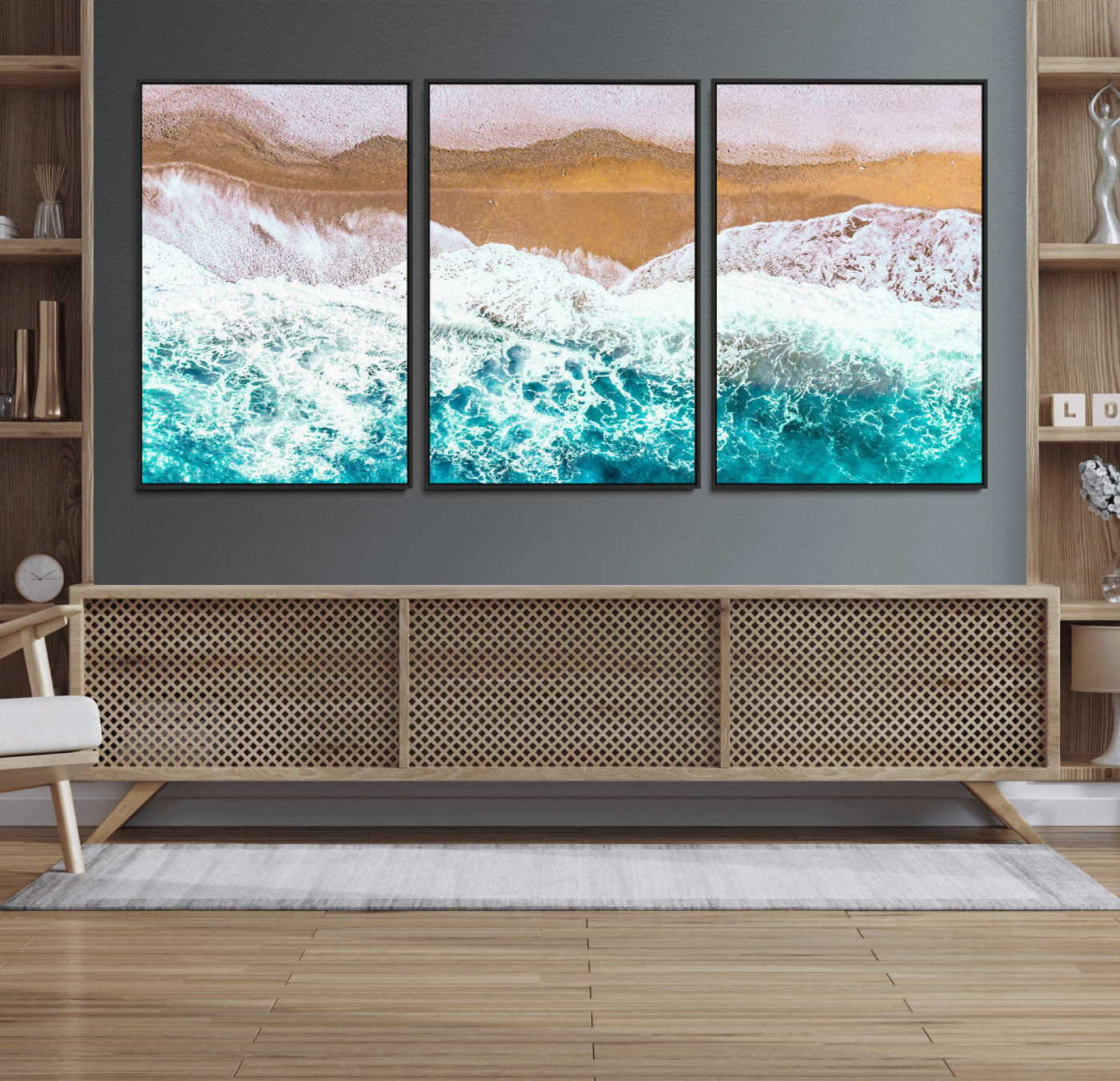 26870666-MGV-FC-60X30-3P_Black-Aerial Beach Wall Art Canvas Print, Framed Ocean Waves Art Picture Print, Coastal Landscape Perfect Coastal Minimalist Decor