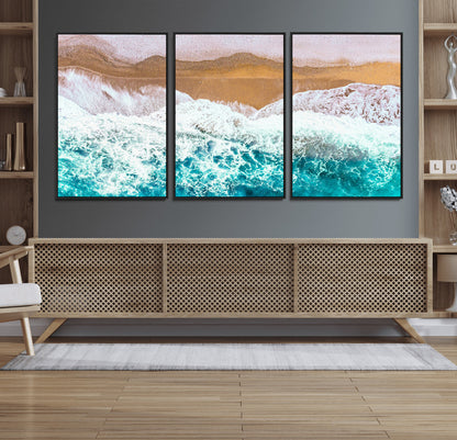26870666-MGV-FC-60X30-3P_Black-Aerial Beach Wall Art Canvas Print, Framed Ocean Waves Art Picture Print, Coastal Landscape Perfect Coastal Minimalist Decor