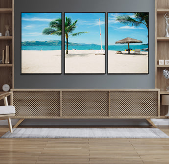 42623350-MGV-FC-60X30-3P_Black-Tropical Beach Wall Art Canvas Print, Framed Palm Tree Art Picture Print, Ocean View Perfect Tropical Coastal Decor Artwork