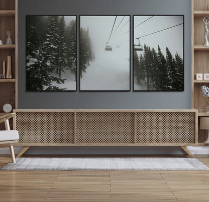 87018452-MGV-FC-60X30-3P_Black-Ski Lift Wall Art Canvas Print, Framed Snowy Pines Art Picture Print, Misty Landscape Perfect Winter Serenity Decor Artwork