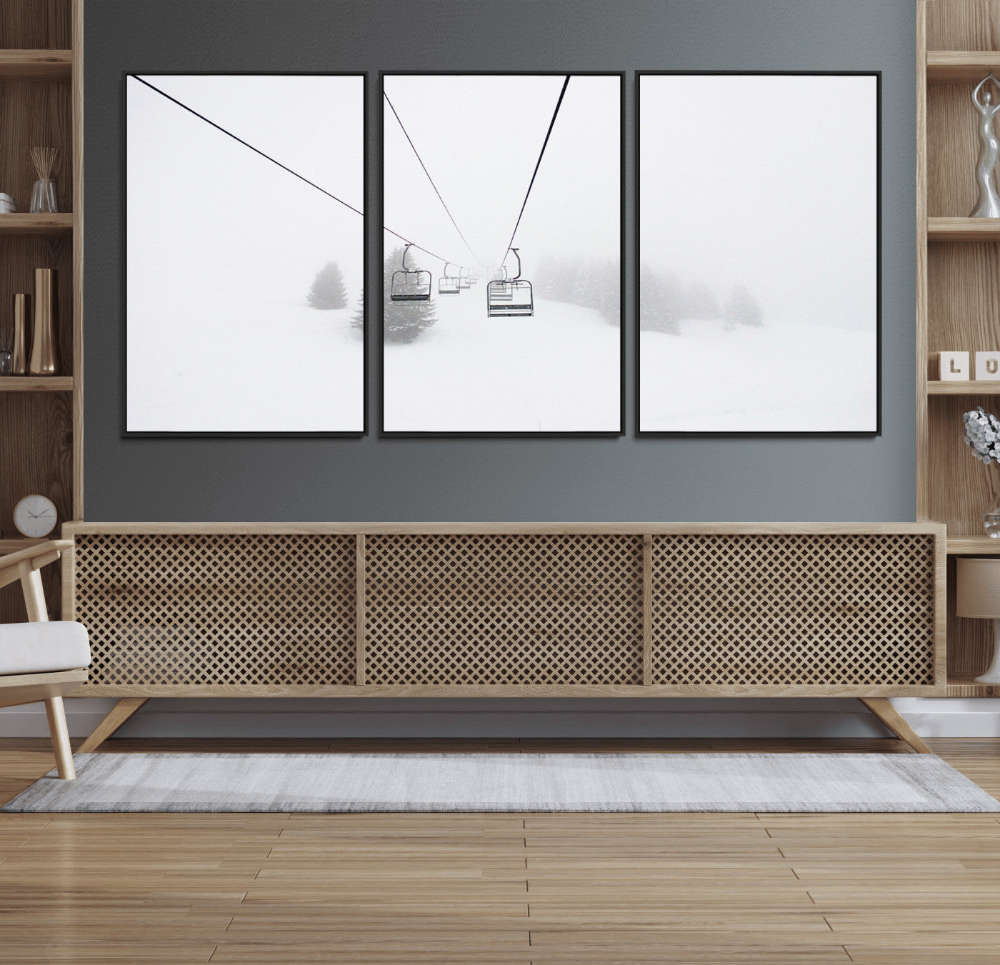 20216390-MGV-FC-60X30-3P_Black-Ski Lift Wall Art Canvas Print, Framed Snowy Landscape Art Picture Print, Alpine Adventure Perfect Nordic Minimalist Decor Artwork