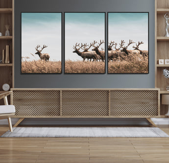 81594705-MGV-FC-60X30-3P_Black-Elk Herd Wall Art Canvas Print, Framed Wildlife Photography Art Picture Print, Rustic Nature Print Perfect Rustic Wildlife Decor