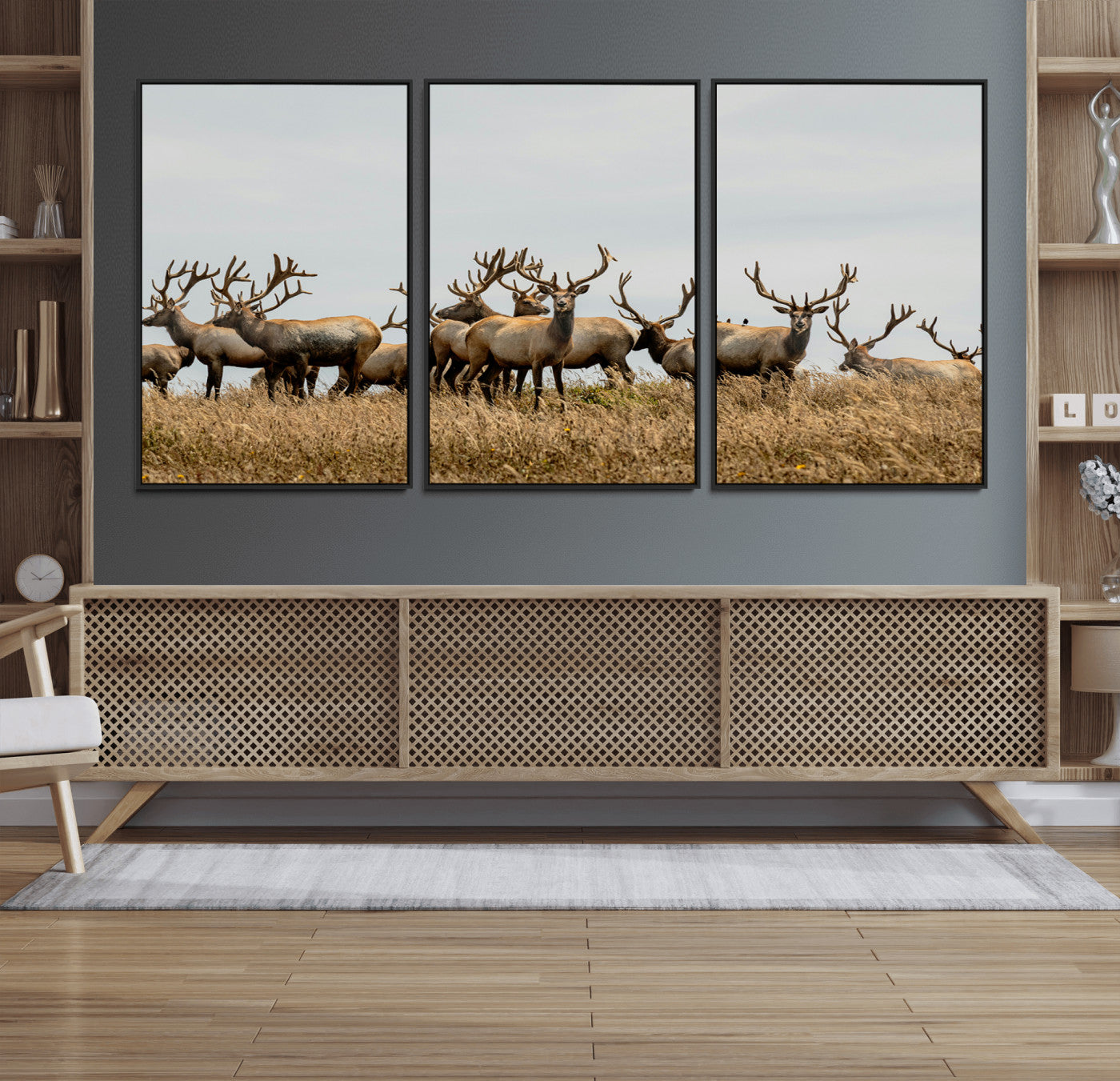 42170220-MGV-FC-60X30-3P_Black-Elk Herd Wall Art Canvas Print, Framed Wildlife Photography Art Picture Print, Majestic Antlers Perfect Rustic Wildlife Decor