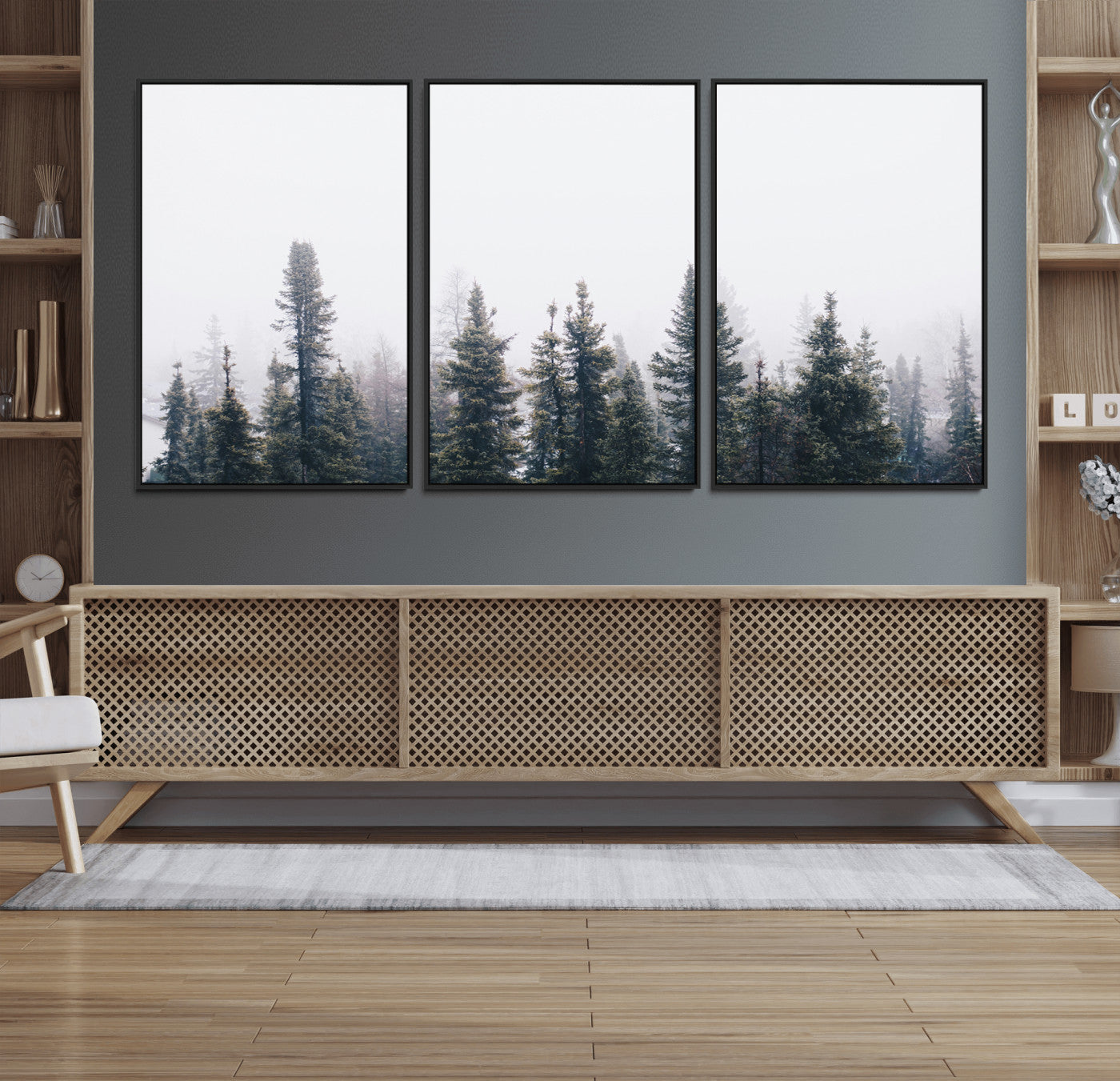 42364796-MGV-FC-60X30-3P_Black-Foggy Forest Wall Art Canvas Print, Framed Misty Pines Art Picture Print, Moody Woodland Perfect Scandinavian Minimalist Decor
