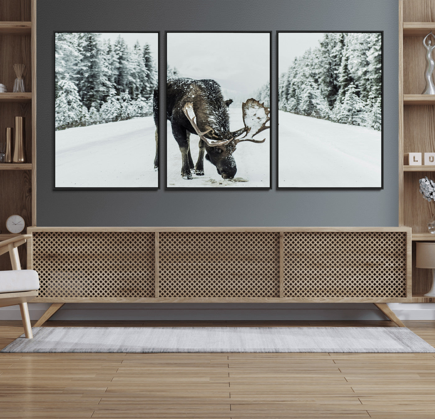 13316292-MGV-FC-60X30-3P_Black-Moose in Snow Wall Art Canvas Print, Framed Winter Wildlife Art Picture Print, Snowy Forest Scene Perfect Rustic Lodge Decor