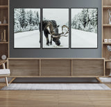 13316292-MGV-FC-60X30-3P_Black-Moose in Snow Wall Art Canvas Print, Framed Winter Wildlife Art Picture Print, Snowy Forest Scene Perfect Rustic Lodge Decor