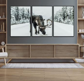 13316292-MGV-FC-60X30-3P_Black-Moose in Snow Wall Art Canvas Print, Framed Winter Wildlife Art Picture Print, Snowy Forest Scene Perfect Rustic Lodge Decor