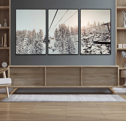 91534512-MGV-FC-60X30-3P_Black-Frosty Pines Wall Art Canvas Print, Framed Cozy Cabin View Art Picture Print, Ski Lift Ride Perfect Rustic Lodge Decor Artwork