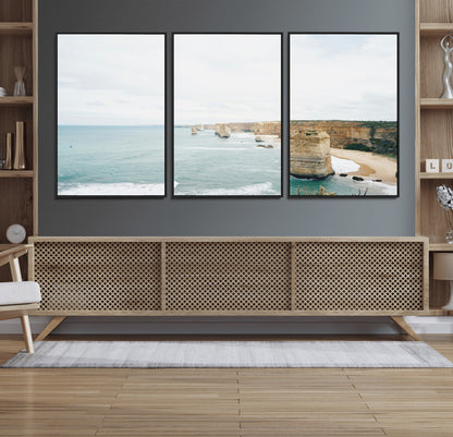 70095633-MGV-FC-60X30-3P_Black-Twelve Apostles Wall Art Canvas Print, Framed Coastal Cliffs Art Picture Print, Rugged Rock Formations Perfect Minimalist Coastal