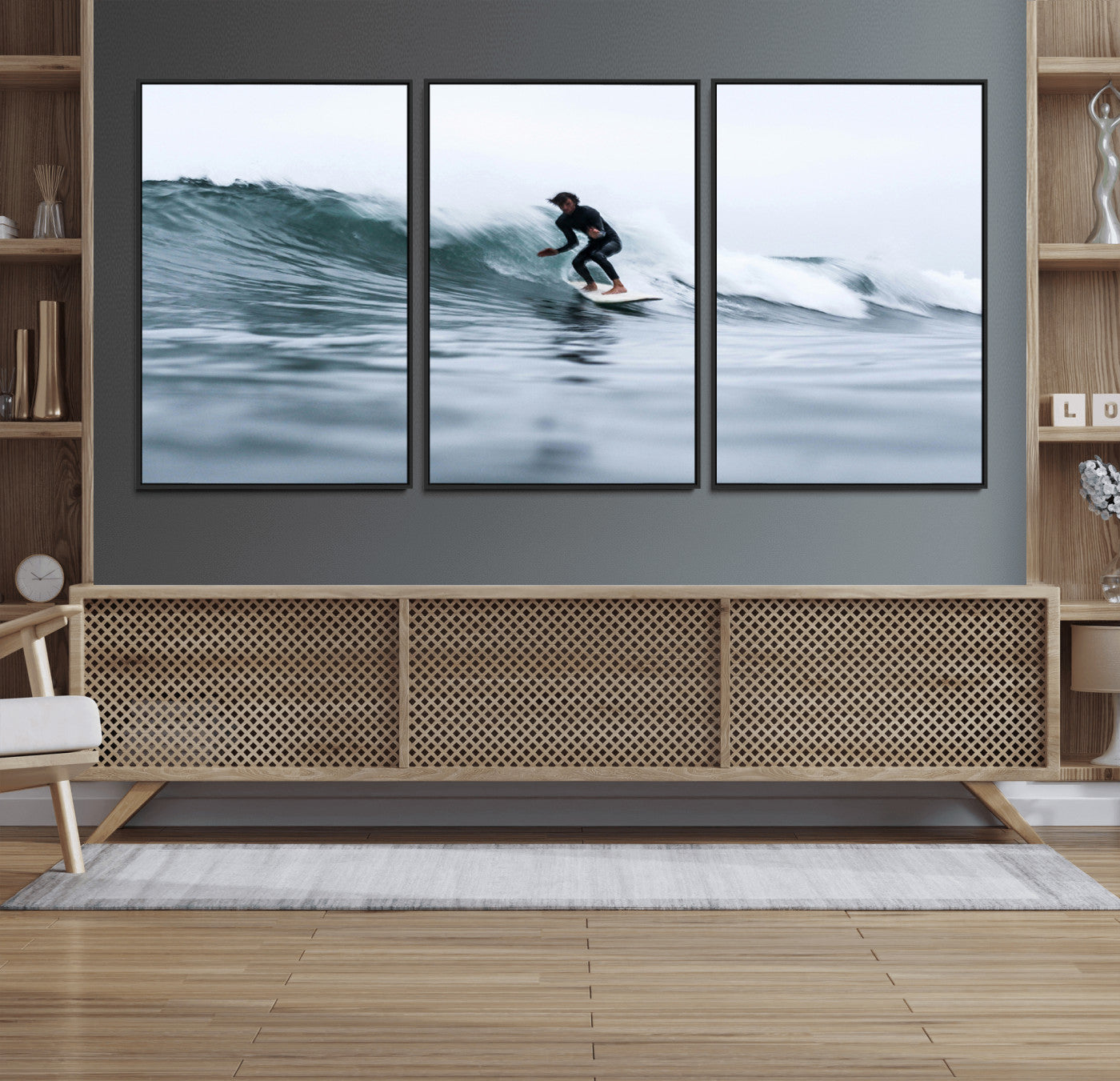 11693607-MGV-FC-60X30-3P_Black-Surfer on Wave Wall Art Canvas Print, Framed Ocean Adventure Art Picture Print, Motion Blur Water Perfect Coastal Adventure Decor