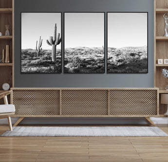 85205054-MGV-FC-60X30-3P_Black-Saguaro Cactus Wall Art Canvas Print, Framed Monochrome Landscape Art Picture Print, Scenic Arizona View Perfect Minimalist