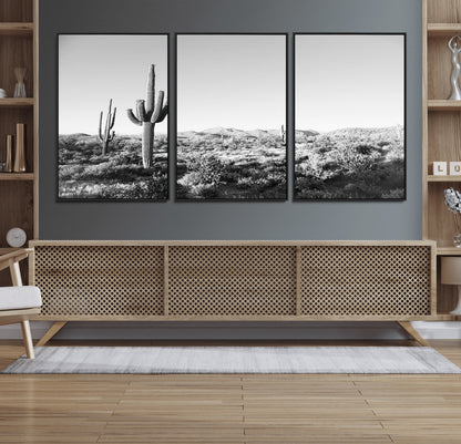 85205054-MGV-FC-60X30-3P_Black-Saguaro Cactus Wall Art Canvas Print, Framed Monochrome Landscape Art Picture Print, Scenic Arizona View Perfect Minimalist