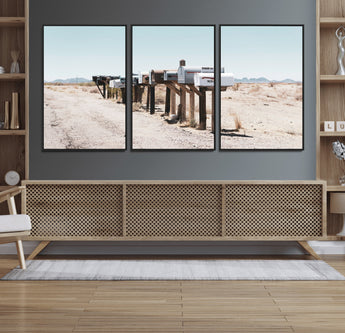54616109-MGV-FC-60X30-3P_Black-Desert Mailboxes Wall Art – Rustic Rural Roadside Photography Canvas Print, American Southwest Landscape Home Decor for Living