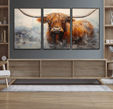 X61001-MGV-FC-60X30-3P_Black-Scottish Highland Wall Art Canvas Print, Framed Longhorn Art Picture Print, Western Cow Perfect Farmhouse Decor Artwork