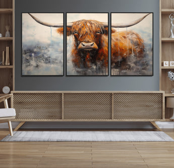 X61001-MGV-FC-60X30-3P_Black-Scottish Highland Wall Art Canvas Print, Framed Longhorn Art Picture Print, Western Cow Perfect Farmhouse Decor Artwork