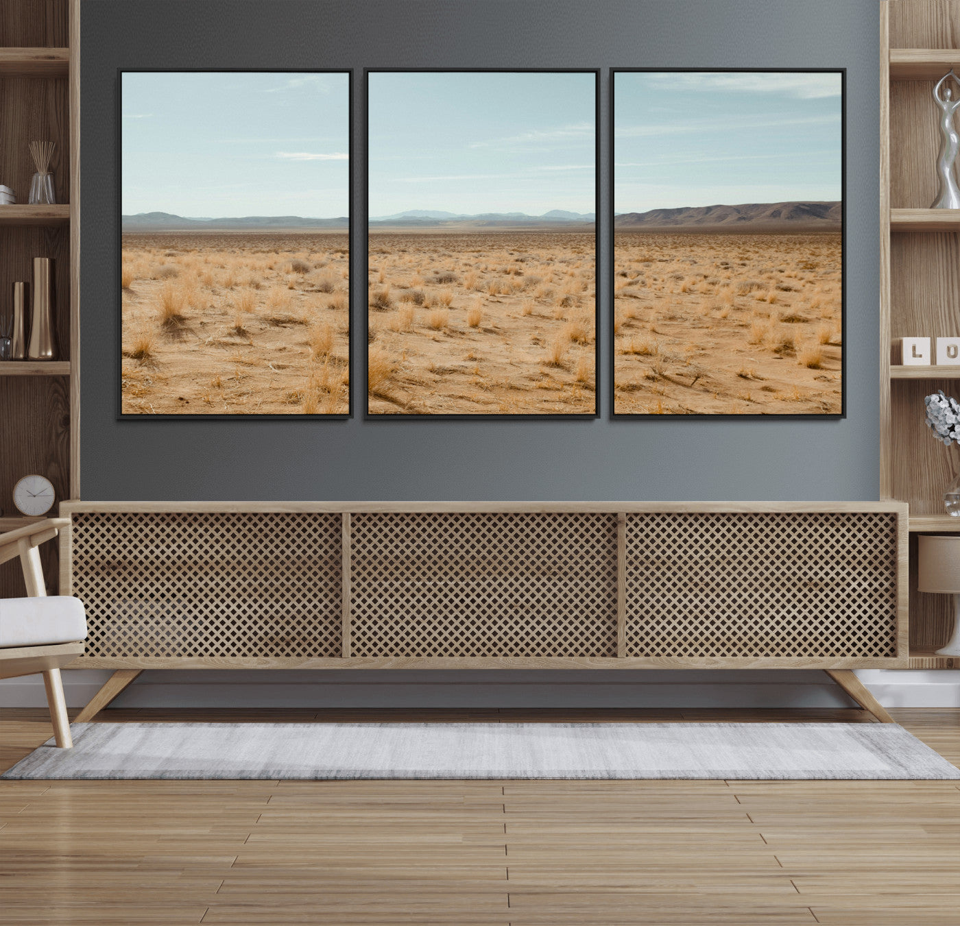 55918919-MGV-FC-60X30-3P_Black-Desert Landscape Wall Art – Golden Grass Plains and Mountain Horizon Canvas Print, Southwest Nature Photography Decor for Living