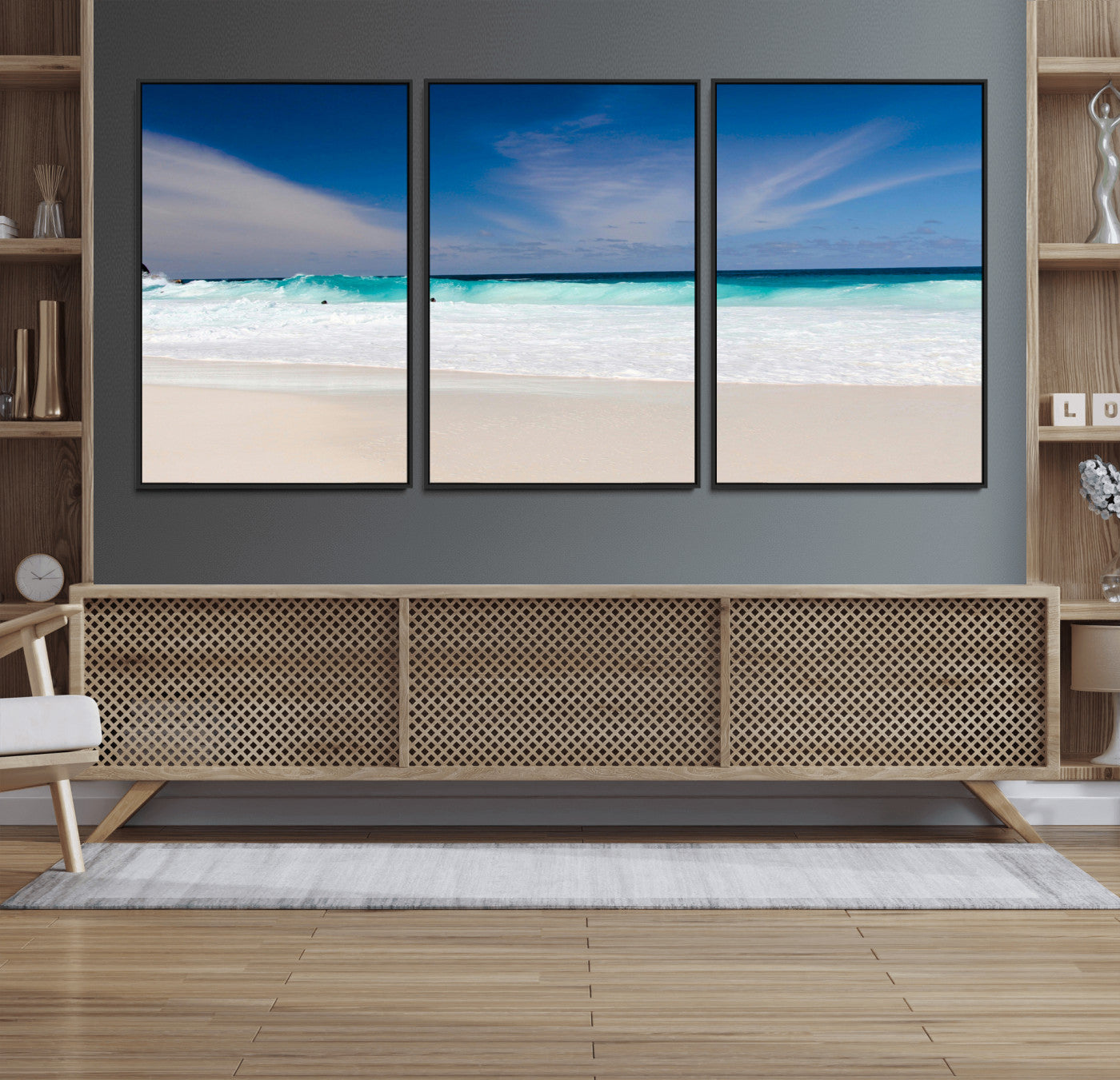 55017356-MGV-FC-60X30-3P_Black-Ocean Beach Wall Art – Turquoise Wave and White Sand Shoreline Canvas Print, Coastal Seascape Photography Decor for Living Room,