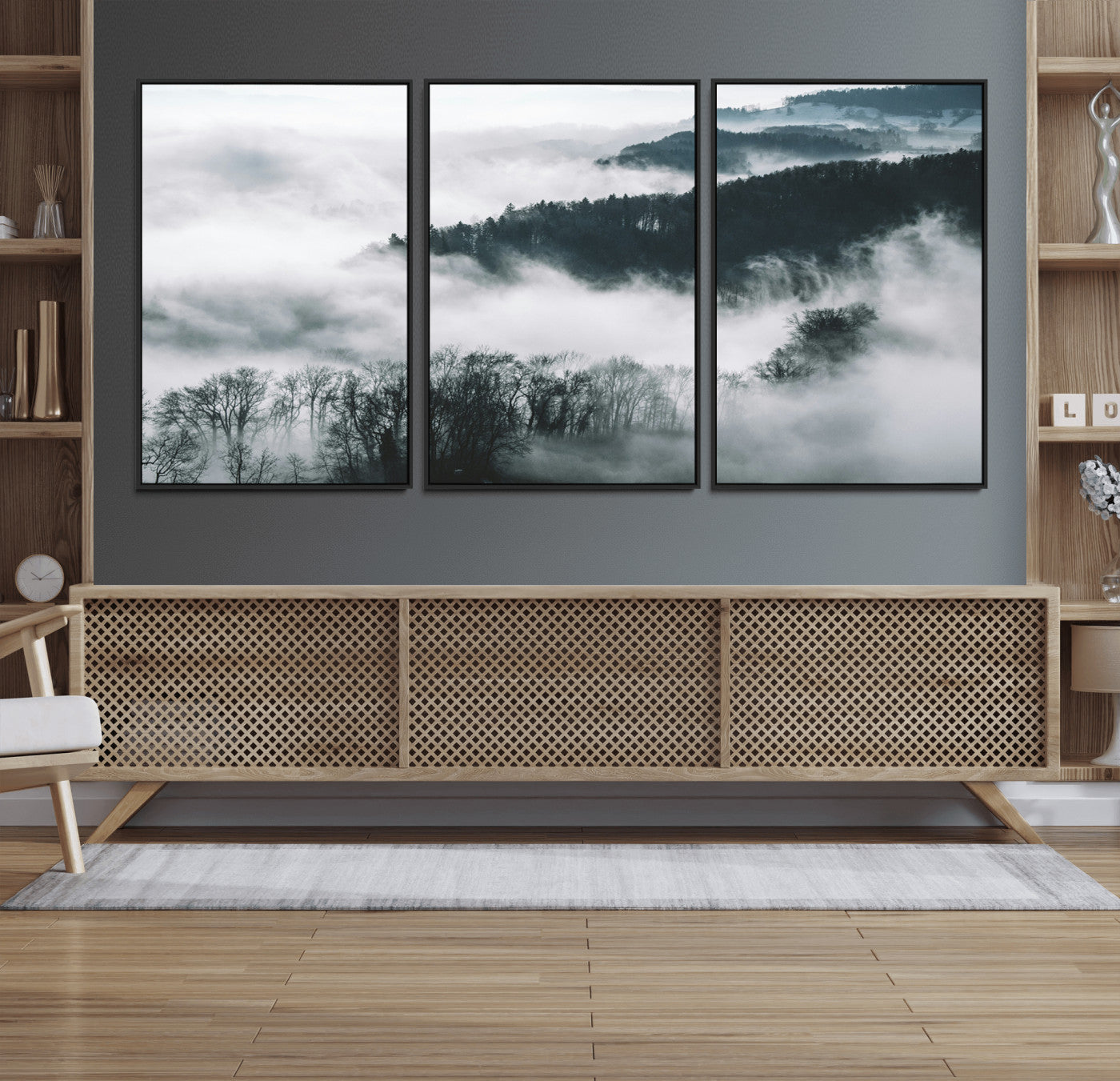 67569654-MGV-FC-60X30-3P_Black-Foggy Forest Wall Art – Mist Covered Hills and Trees Landscape Canvas Print, Moody Nature Photography Decor for Living Room,