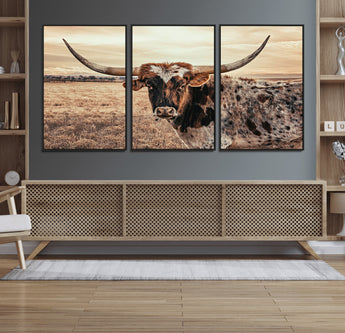 95745718-MGV-FC-60X30-3P_Black-Texas Longhorn Wall Art – Western Cattle Photography Canvas Print, Rustic Ranch Animal Artwork Country Farmhouse Decor for Living