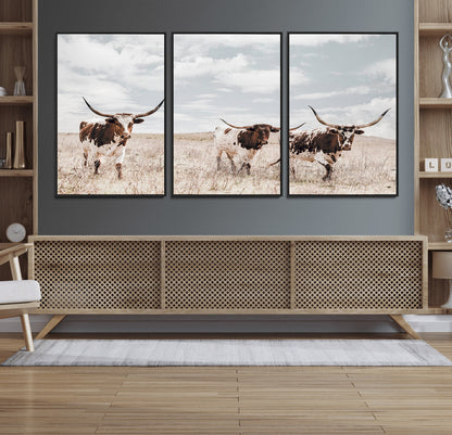 65621083-MGV-FC-60X30-3P_Black-Texas Longhorn Wall Art – Rustic Western Cattle Canvas Print, Southwestern Ranch Photography Decor for Living Room, Office,
