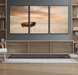 20306324-MGV-FC-60X30-3P_Black-Bison Wall Art – Lone American Buffalo Prairie Sunset Canvas Print, Rustic Western Wildlife Photography Decor for Living Room,