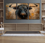 91615410-MGV-FC-60X30-3P_Black-Bull Wall Art – Rustic Western Longhorn Canvas Print, Powerful Abstract Animal Painting, Farmhouse Ranch Decor for Living Room,