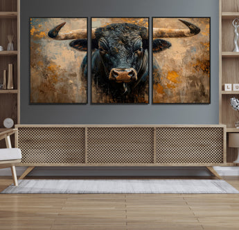 91615410-MGV-FC-60X30-3P_Black-Bull Wall Art – Rustic Western Longhorn Canvas Print, Powerful Abstract Animal Painting, Farmhouse Ranch Decor for Living Room,