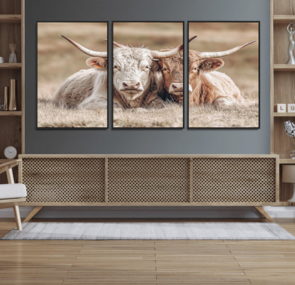 38651722-MGV-FC-60X30-3P_Black-Cow Wall Art – Rustic Longhorn Pair Canvas Print, Western Farmhouse Animal Painting, Country Ranch Decor for Living Room, Bedroom,