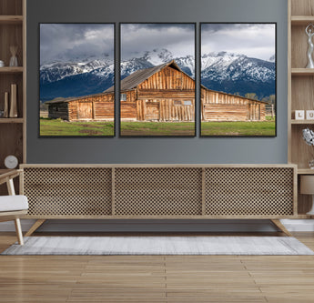 15173627-MGV-FC-60X30-3P_Black-Barn Wall Art – Rustic Wooden Cabin Canvas Print with Snowy Mountain Landscape, Western Farmhouse Country Decor for Living Room,