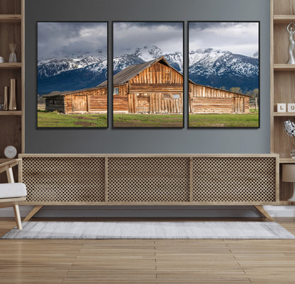 15173627-MGV-FC-60X30-3P_Black-Barn Wall Art – Rustic Wooden Cabin Canvas Print with Snowy Mountain Landscape, Western Farmhouse Country Decor for Living Room,