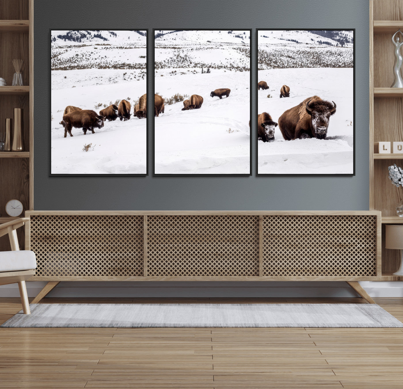 38217250-MGV-CV-36X24-Bison Herd Wall Art – Wildlife Canvas Print of Buffalo Winter Snow Scene, Rustic Western Lodge Décor, Farmhouse & Cabin Nature