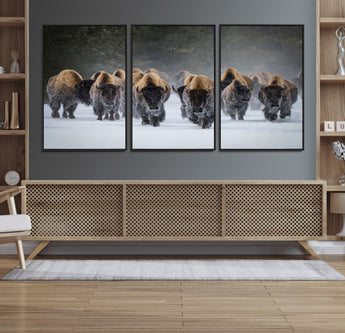 30332489-MGV-FC-60X30-3P_Black-Winter Bison Herd Wall Art – Powerful Buffalo Canvas Print, Rustic Wildlife Photography Decor for Farmhouse, Cabin, Lodge, Living