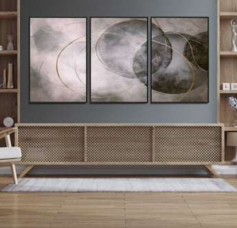 20066876-MGV-FC-60X30-3P_Black-Neutral Abstract Circle Wall Art – Modern Gray Beige Gold Canvas Print, Minimalist Geometric Painting for Bedroom, Living Room,