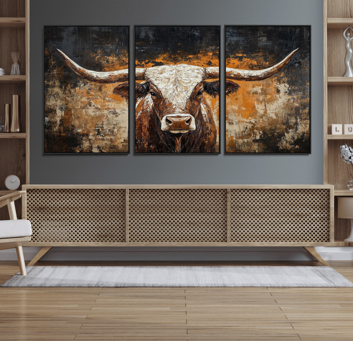 25265572-MGV-FC-60X30-3P_Black-Longhorn Bull Wall Art – Rustic Western Texas Steer Canvas Print, Textured Animal Painting for Home, Office, Man Cave or Farmhouse