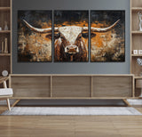 25265572-MGV-FC-60X30-3P_Black-Longhorn Bull Wall Art – Rustic Western Texas Steer Canvas Print, Textured Animal Painting for Home, Office, Man Cave or Farmhouse