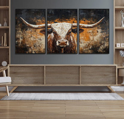 25265572-MGV-FC-60X30-3P_Black-Longhorn Bull Wall Art – Rustic Western Texas Steer Canvas Print, Textured Animal Painting for Home, Office, Man Cave or Farmhouse